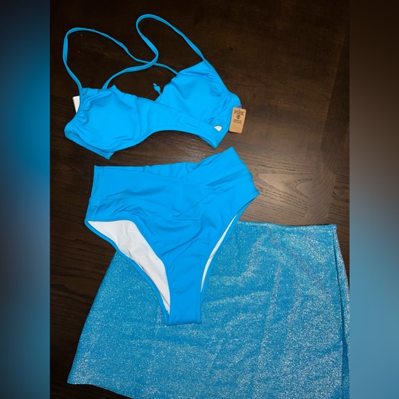 2 Piece High Waist Bikini Set with Shimmer Cover up Skirt Bundle - Picture 1 of 16